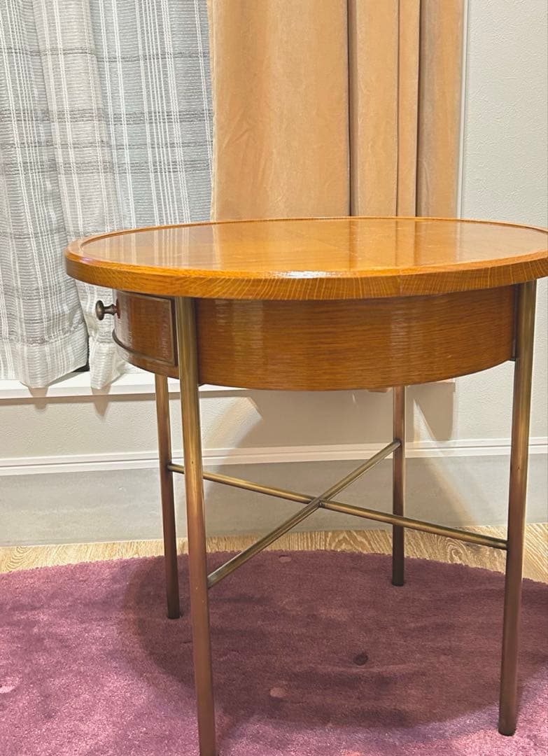 vintage 丸型木製テーブル 引き出し付き