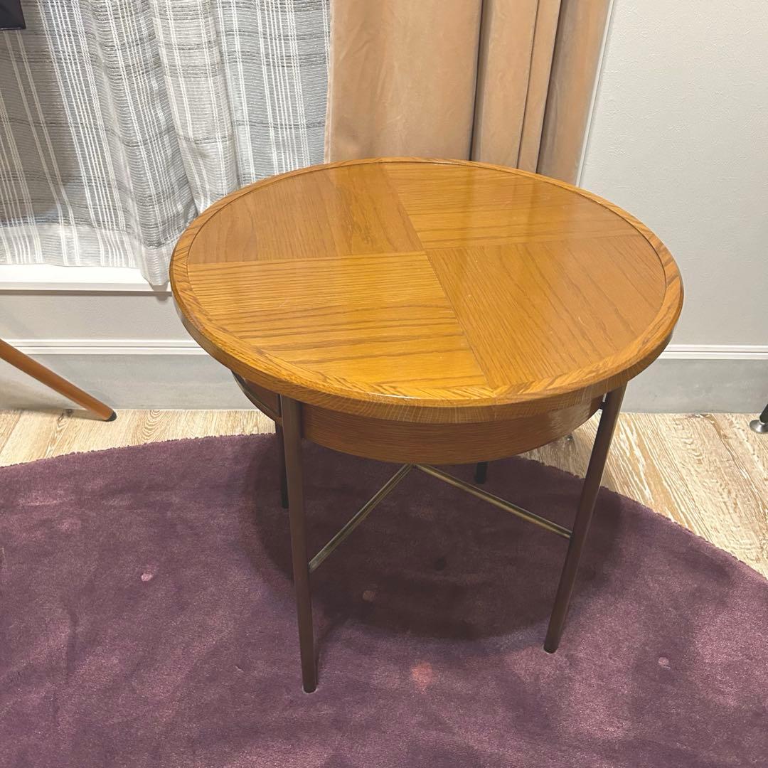 vintage 丸型木製テーブル 引き出し付き
