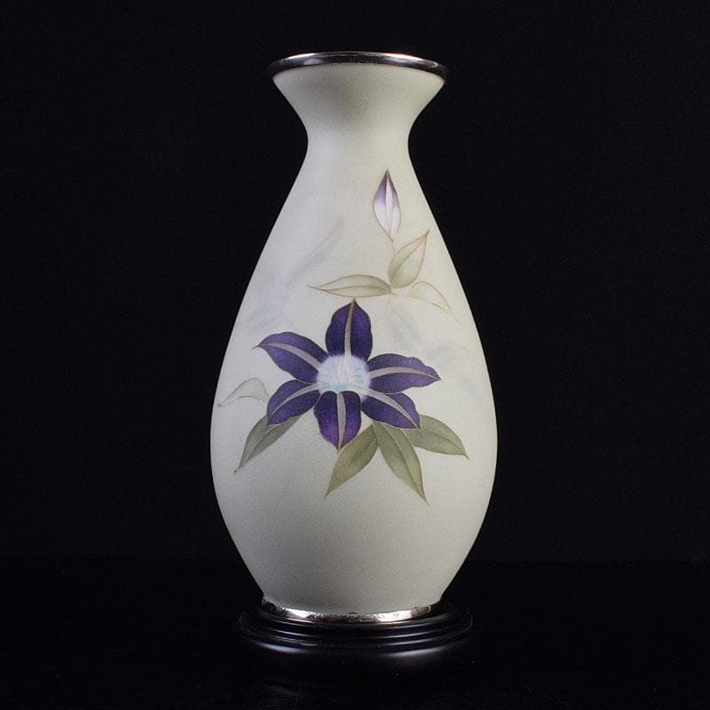 七宝焼　服部喜久作　花文　花瓶　唐木台付　共箱　V　R9527