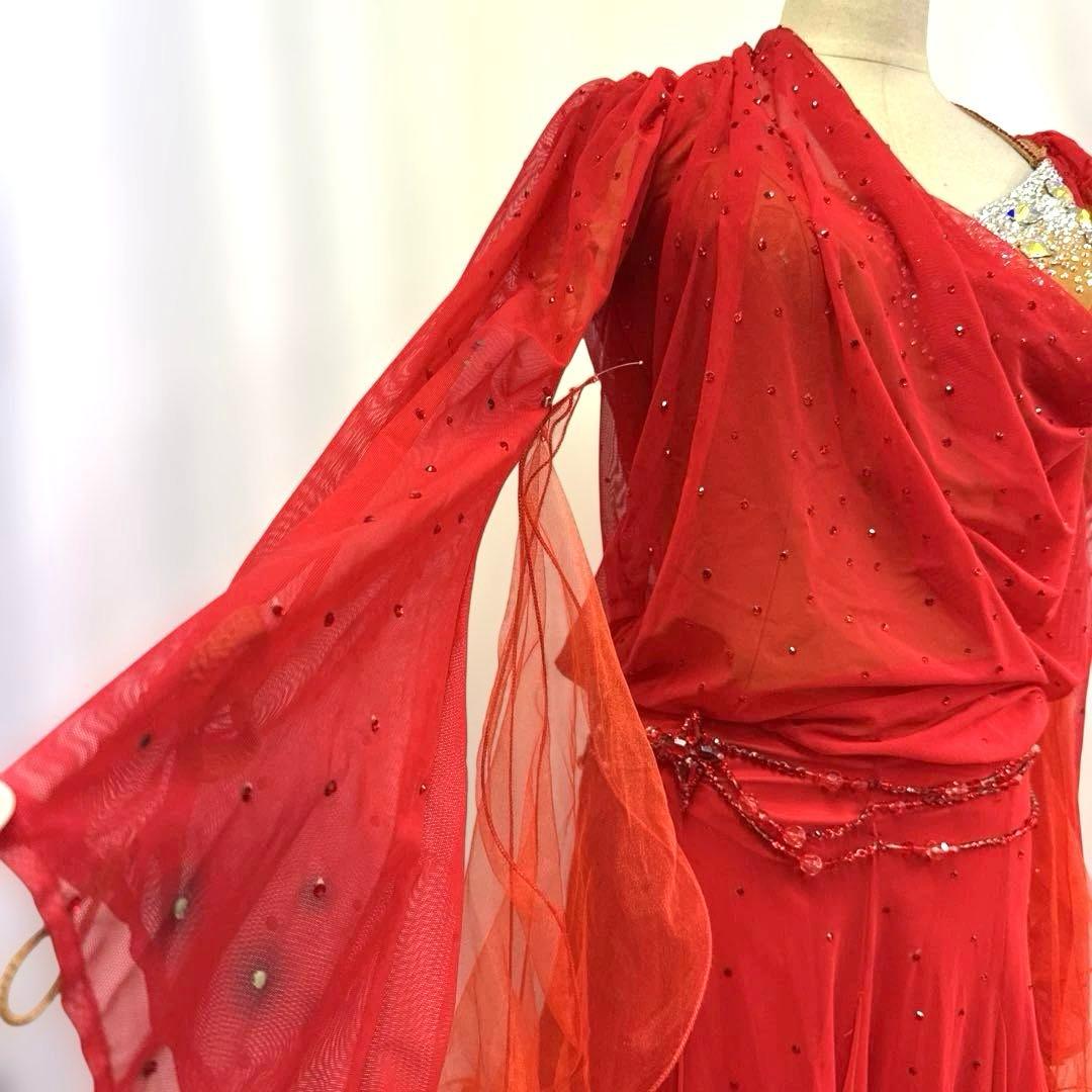 6312★M 赤 ドレープ スワロミックス スタンダードドレス 社交ダンス