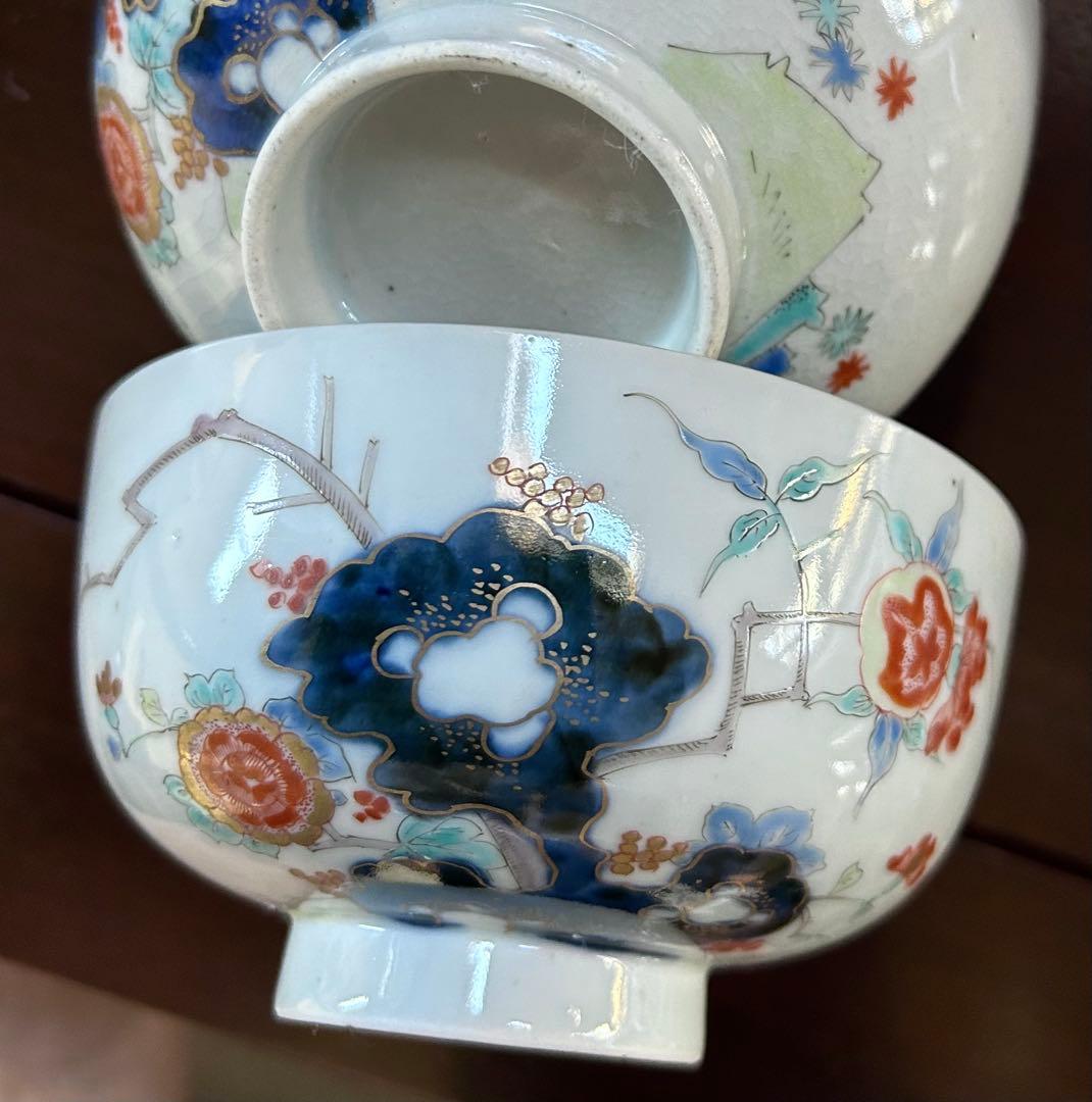 古伊万里　柿右衛門様式　岩に柘榴錦彩牡丹紋　お椀　2客