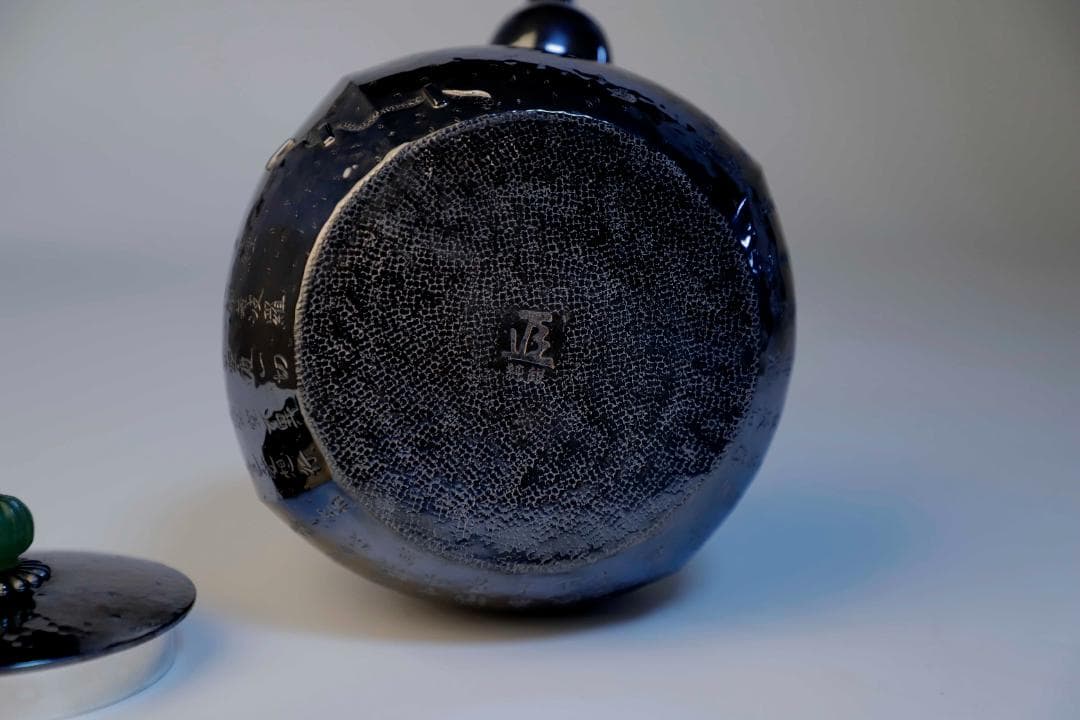 純銀製 四面取般若心経文彫 パッチ 玉摘 湯沸 銀瓶 煎茶道具 重さ715g