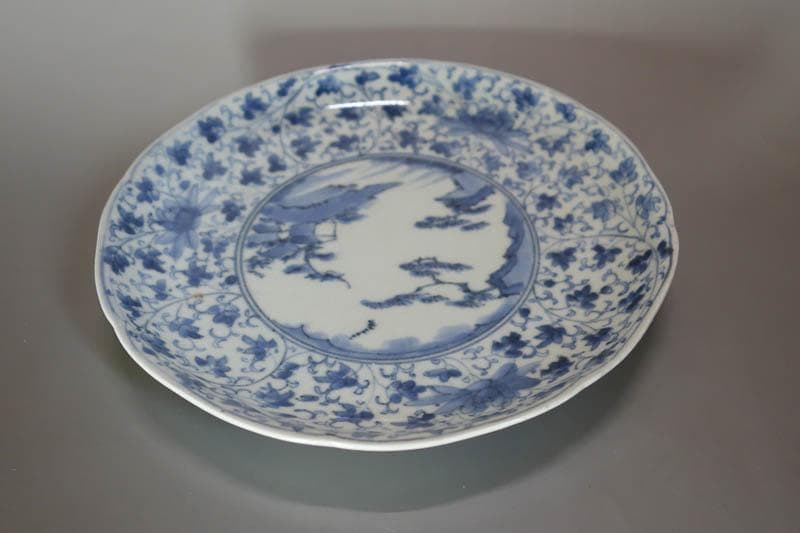 古伊万里　染付　花唐草　山水文 塔屋文　中皿　藍柿右衛門　江戸中期　　2083