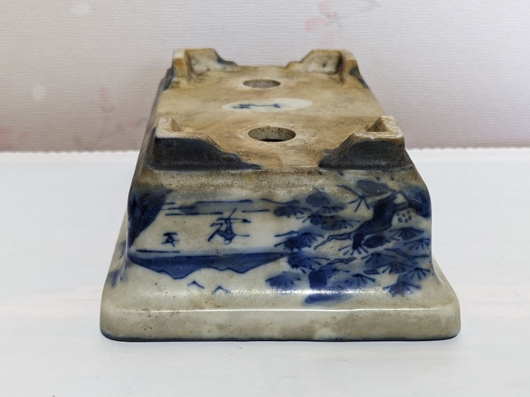 ♦染付山水図 長方角鉢 小品盆栽鉢 ミニ盆栽鉢 作家物 美術品 工芸品 骨董品