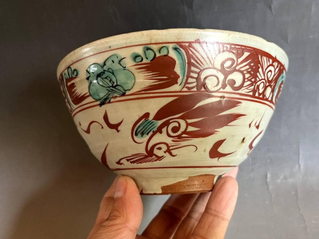 鉢■呉洲赤絵 魅手鉢 赤絵 鳳凰 花鳥紋 ニュウ有 古い大鉢 時代物 骨董品■