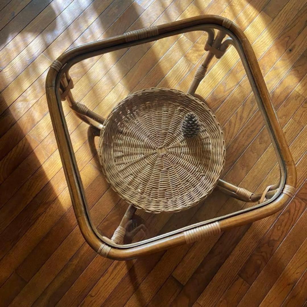 オールドラタン　サイドテーブル　ガラステーブル　籐家具　アンティーク家具