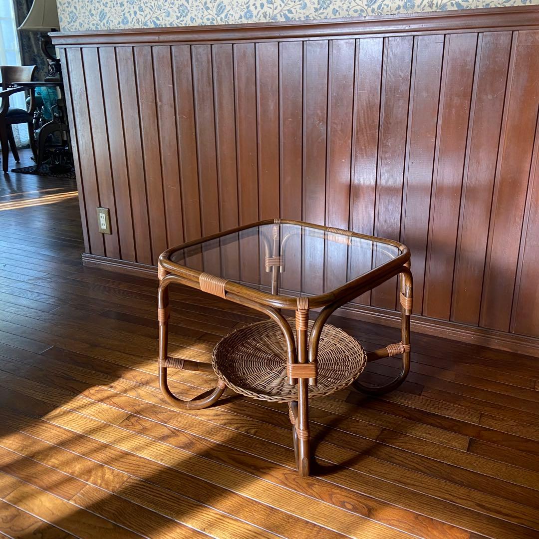 オールドラタン　サイドテーブル　ガラステーブル　籐家具　アンティーク家具