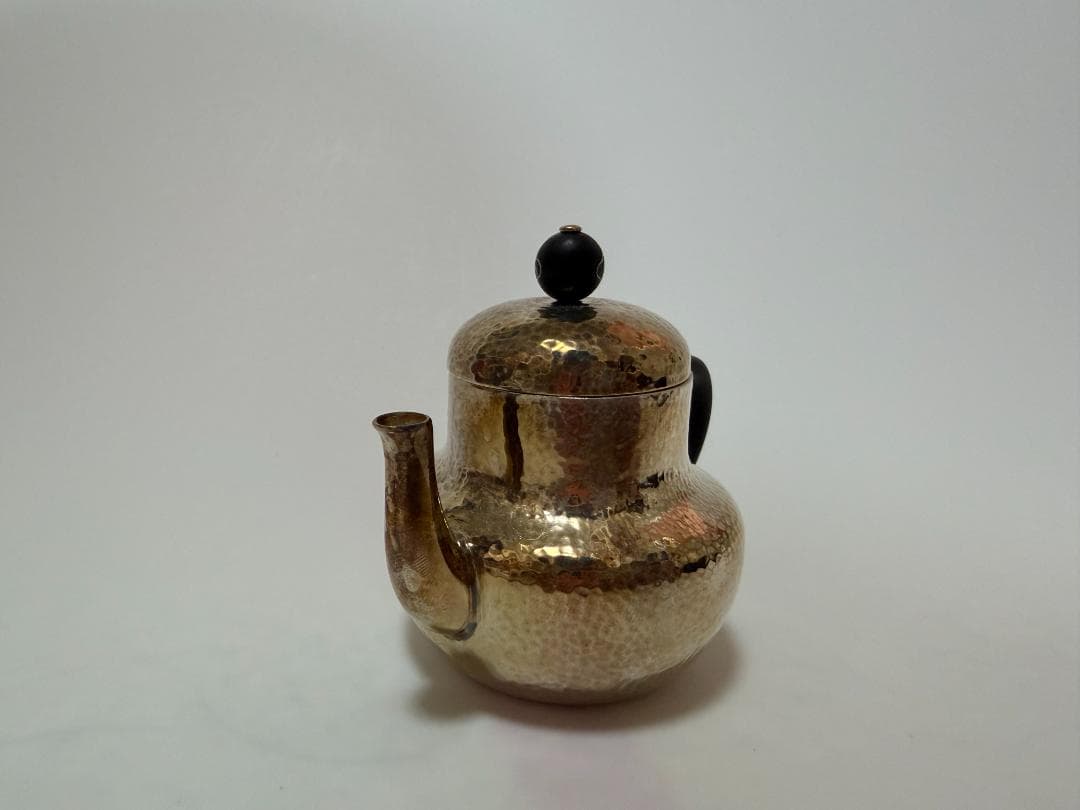 純銀製 急須 梨形 錐目打ち 木製の持ち手 煎茶道具