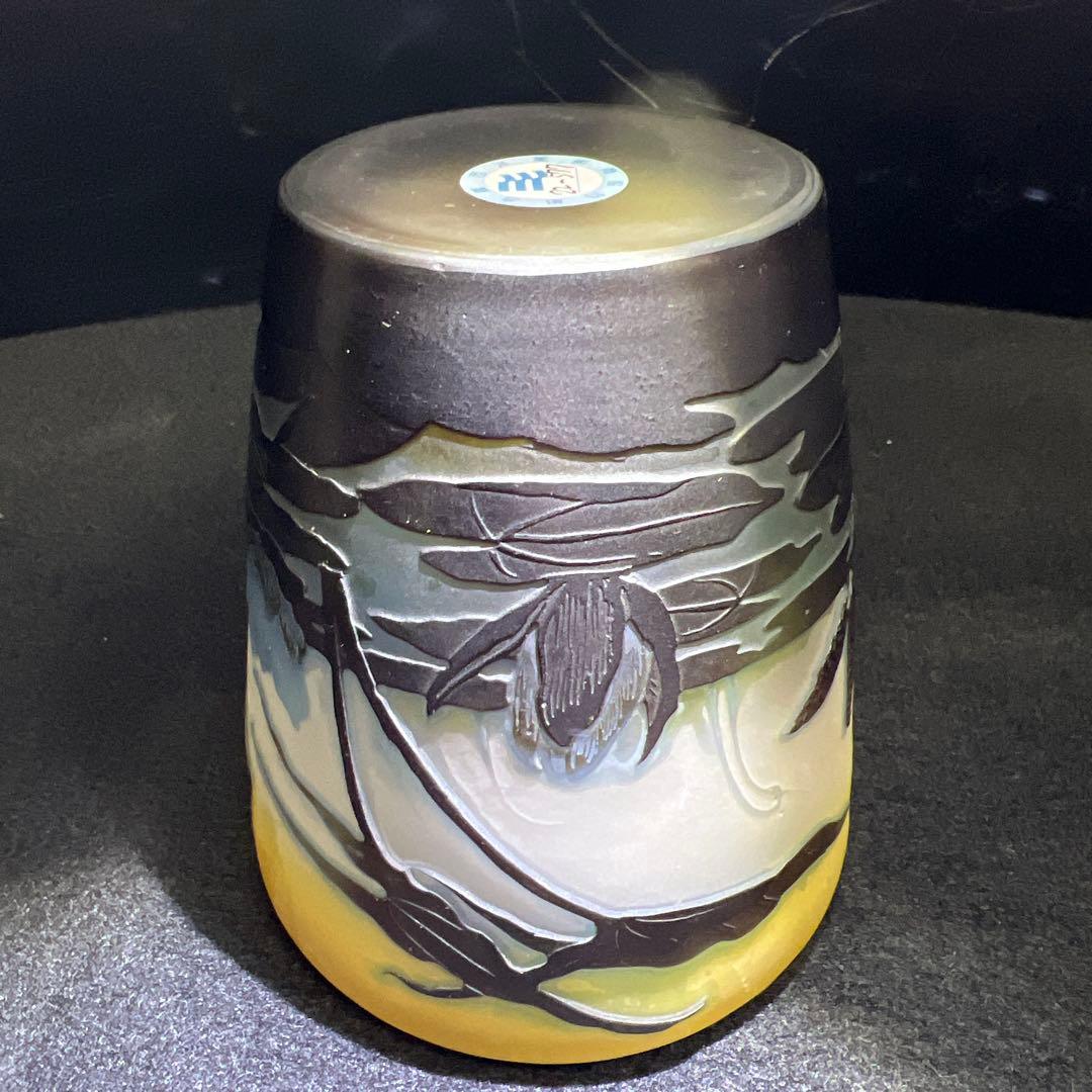 エミール・ガレ　三色酸化腐食彫花瓶　ケース付　鑑定証書付　東Y8-0210☆1F