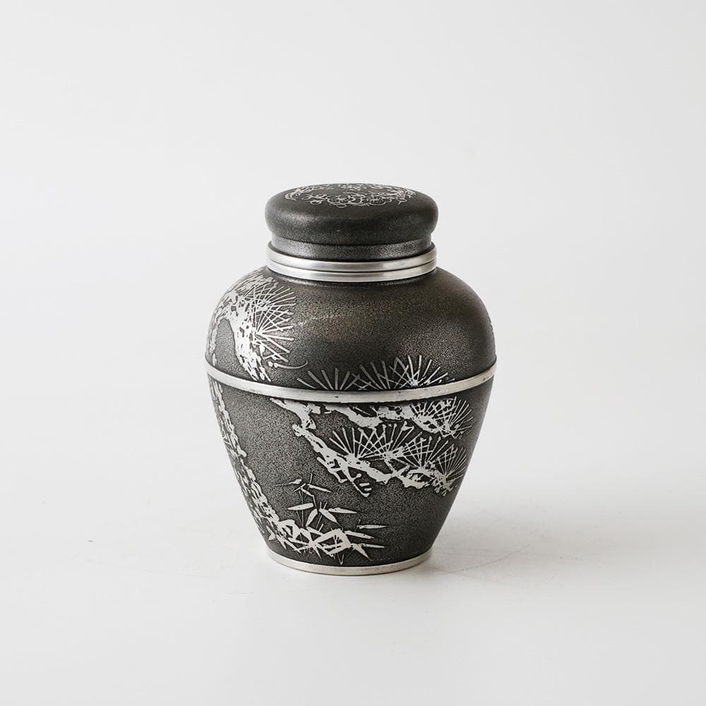 T 上錫　錫半　茶入　茶壺　茶入壺　四君子文　金属工芸　441ｇ