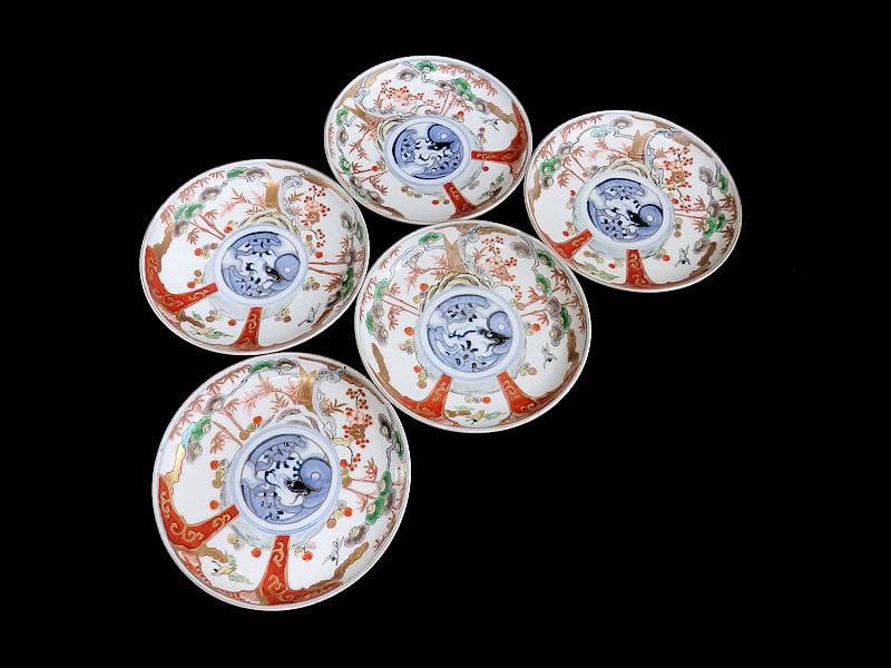 古伊万里　色絵　松竹梅に団龍紋の図　５寸皿　５枚　C657AS-CQk