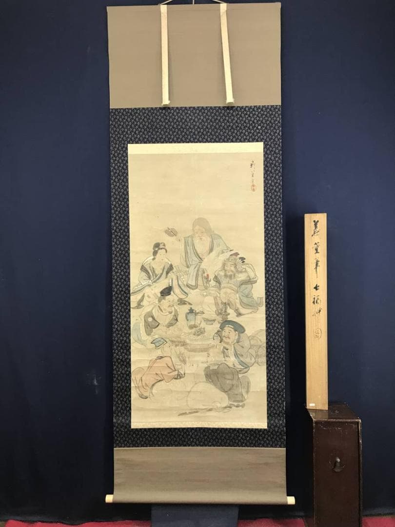 真作/柴田義董/七福神図/人物図/掛軸☆宝船☆AE-430