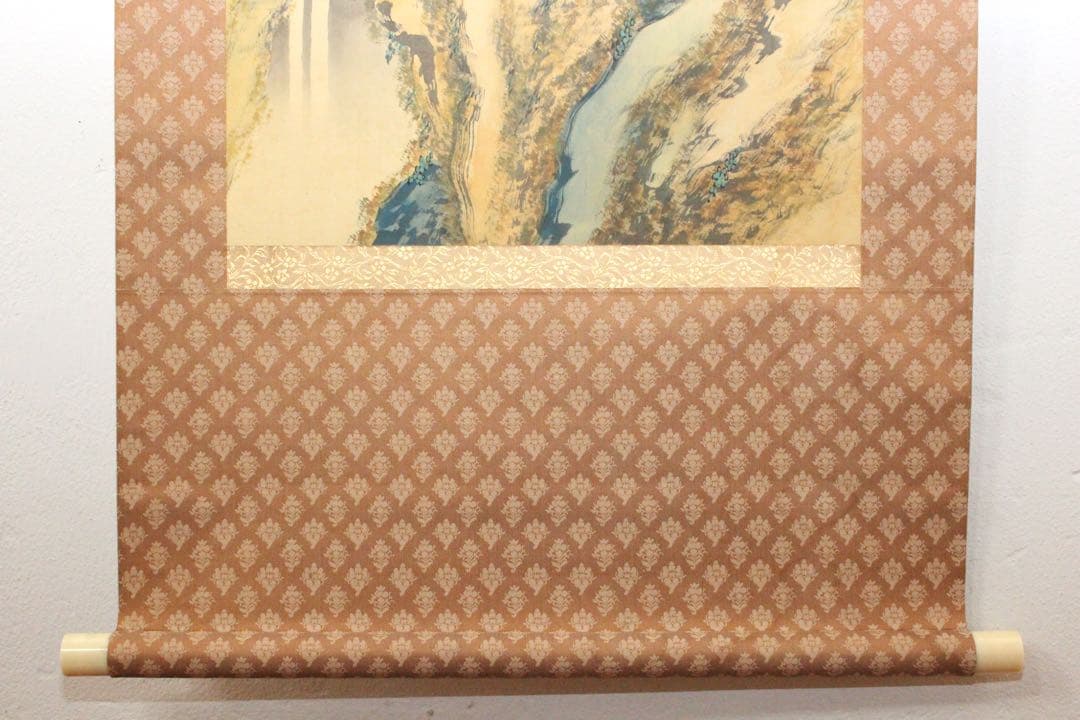 No5217 掛軸　雲外山人　在銘　青緑山水人物画　山水　着色絹本　送料無料