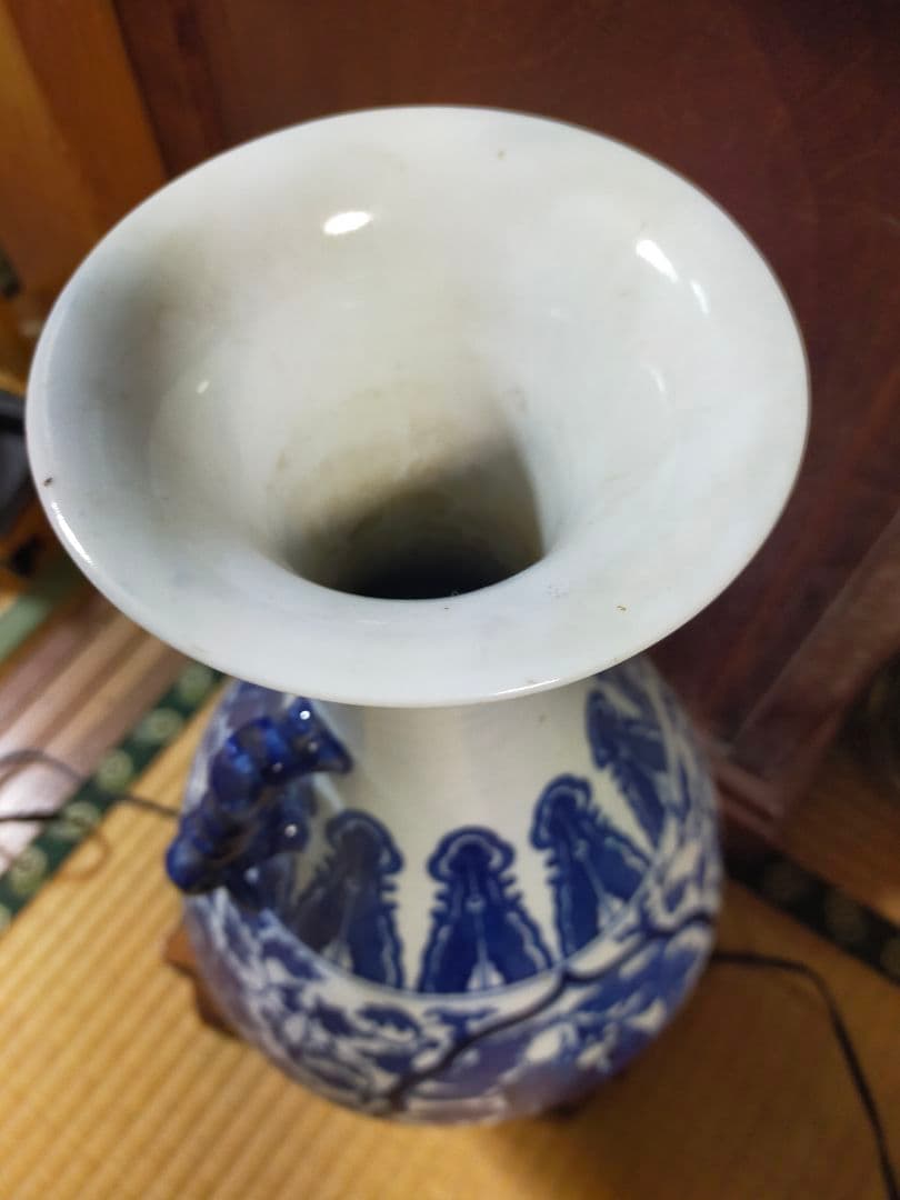 青花桃仙人図耳環付花瓶/大清乾隆年製/飾壺/中国美術 高さ約42cm