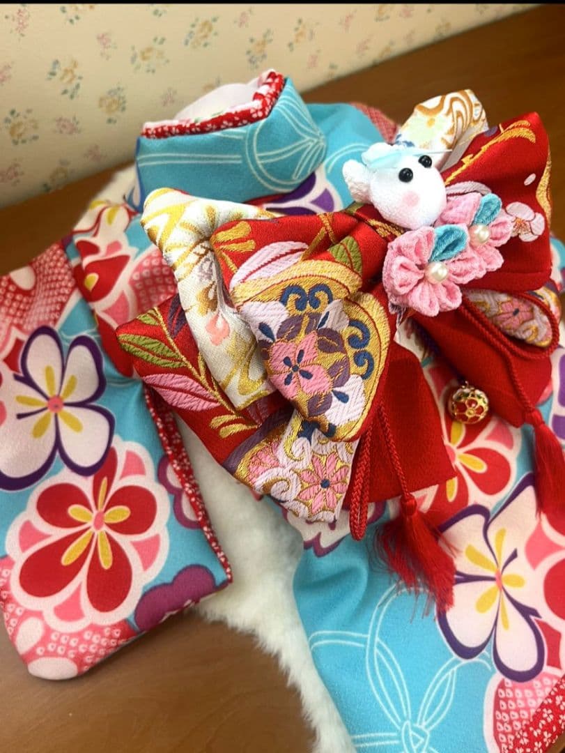 .‎˖٭*花柄水色犬用着物.‎˖٭*　犬服　犬服用お着物