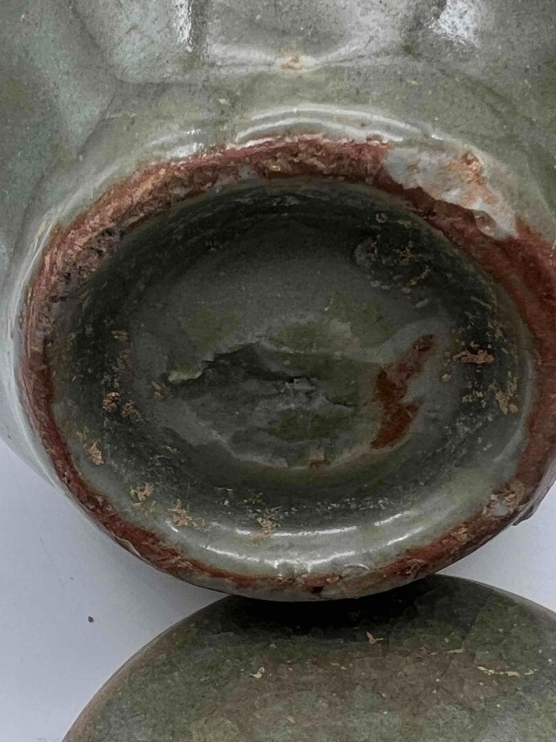 宋から元時代 青磁 龍泉窯刻花文壺　蓋付き　一対　茶入　茶道具(A-83)