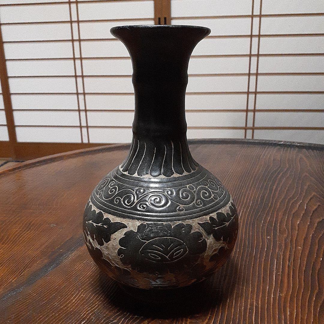 訳有り中国磁州窯陽刻花瓶