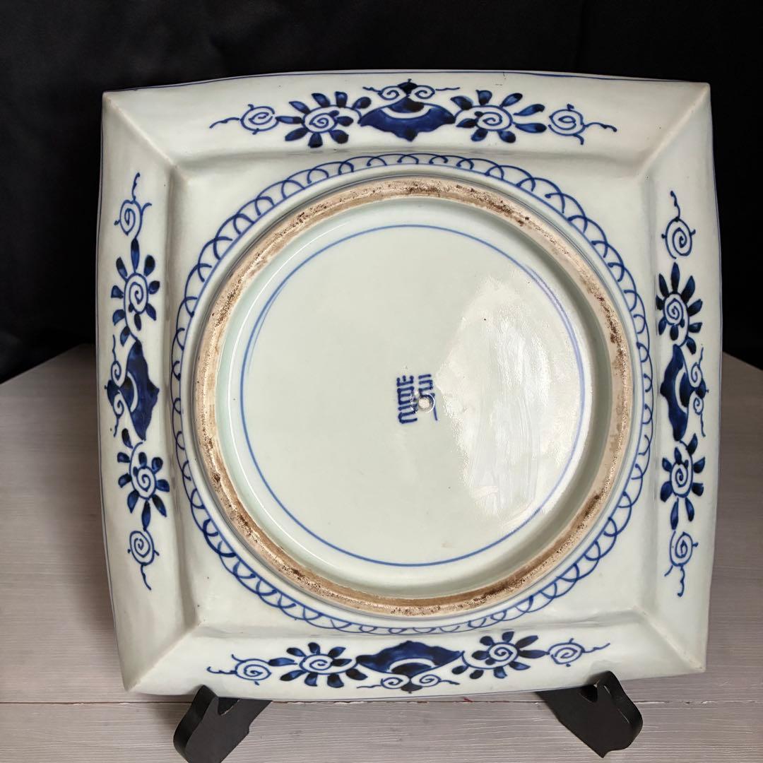 時代物 染付 牡丹文 角大皿 飾り皿 盛皿 骨董