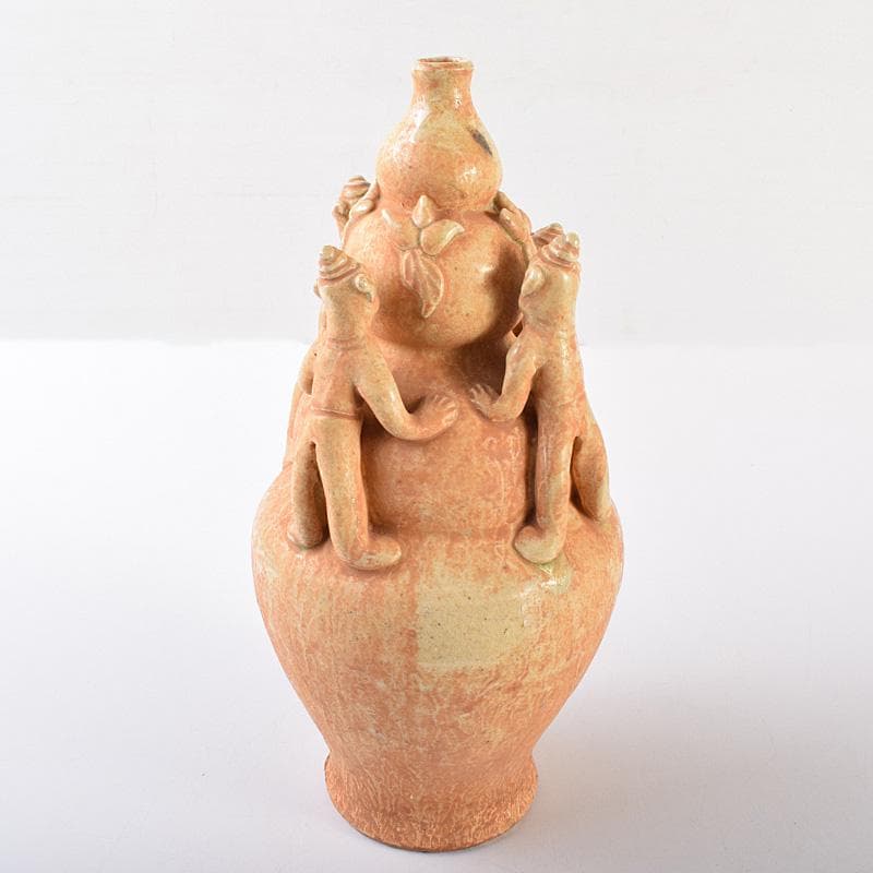 中国　自然釉　人物四耳壷　V　R7644