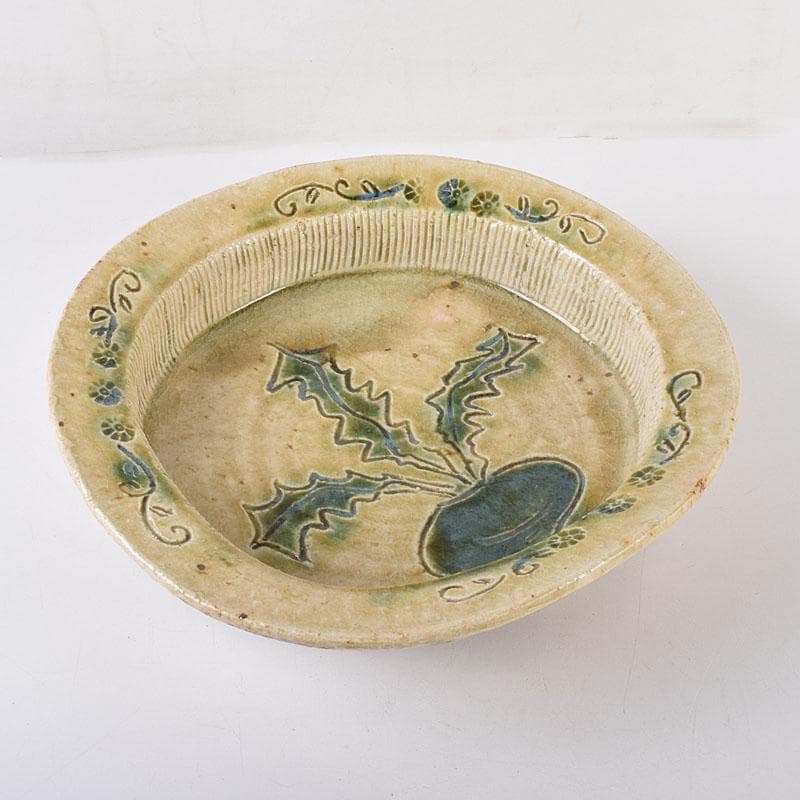 北大路魯山人作　瀬戸焼　黄瀬戸　かぶら絵　鉢　共箱　M　R8015C