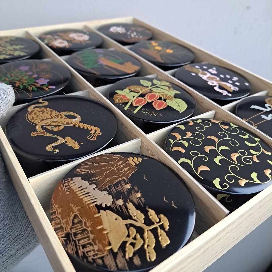 【雪月花の香合セット】合成漆器　切立/ワンタッチ式　蒔絵　未使用品