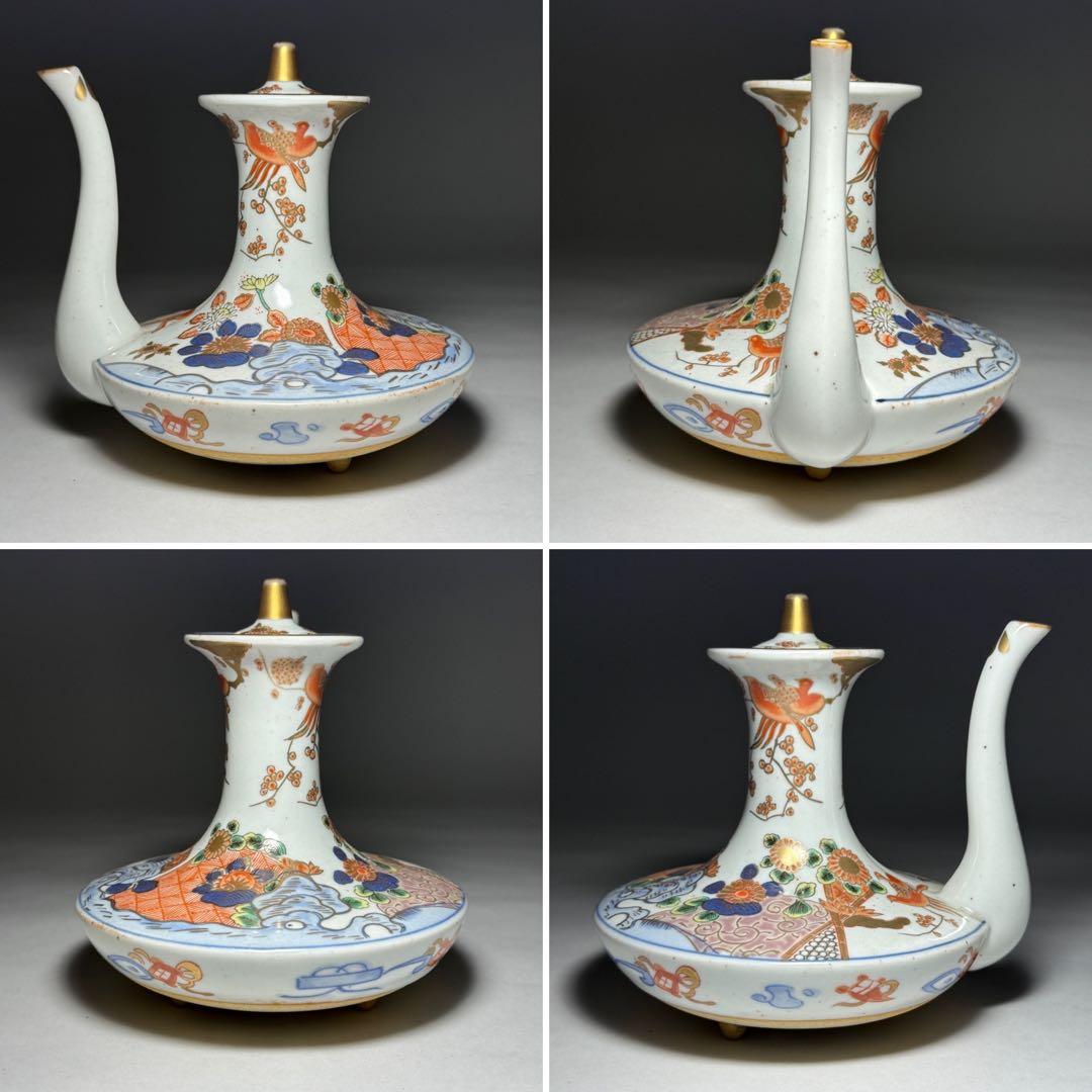 ◆伊万里 染錦金彩花鳥文銚子一対 酒器 上手品 明治時代◆