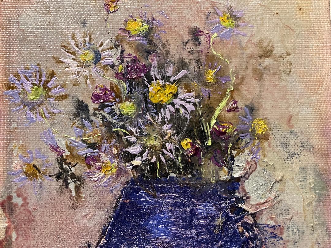 「真作」浦野光江「野菊」静物画　油彩画　額装　サイン有り　SM号