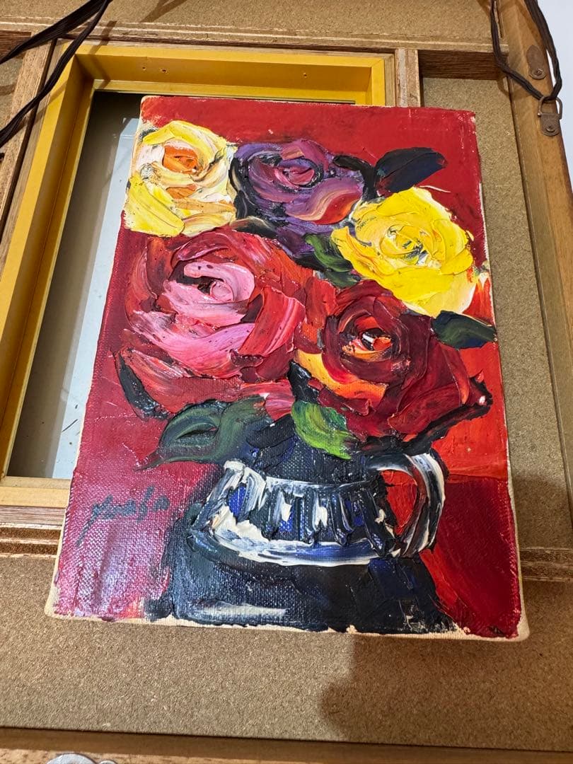 真作」湯浅洋子「花」油彩画　額装　サイン有り