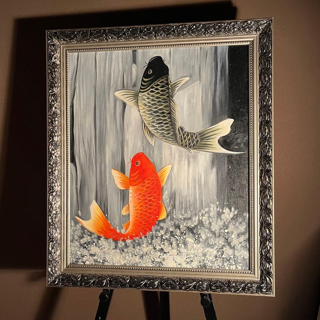 手書き油絵 鯉の滝登り 額付き 肉筆絵画 インテリア 油彩画