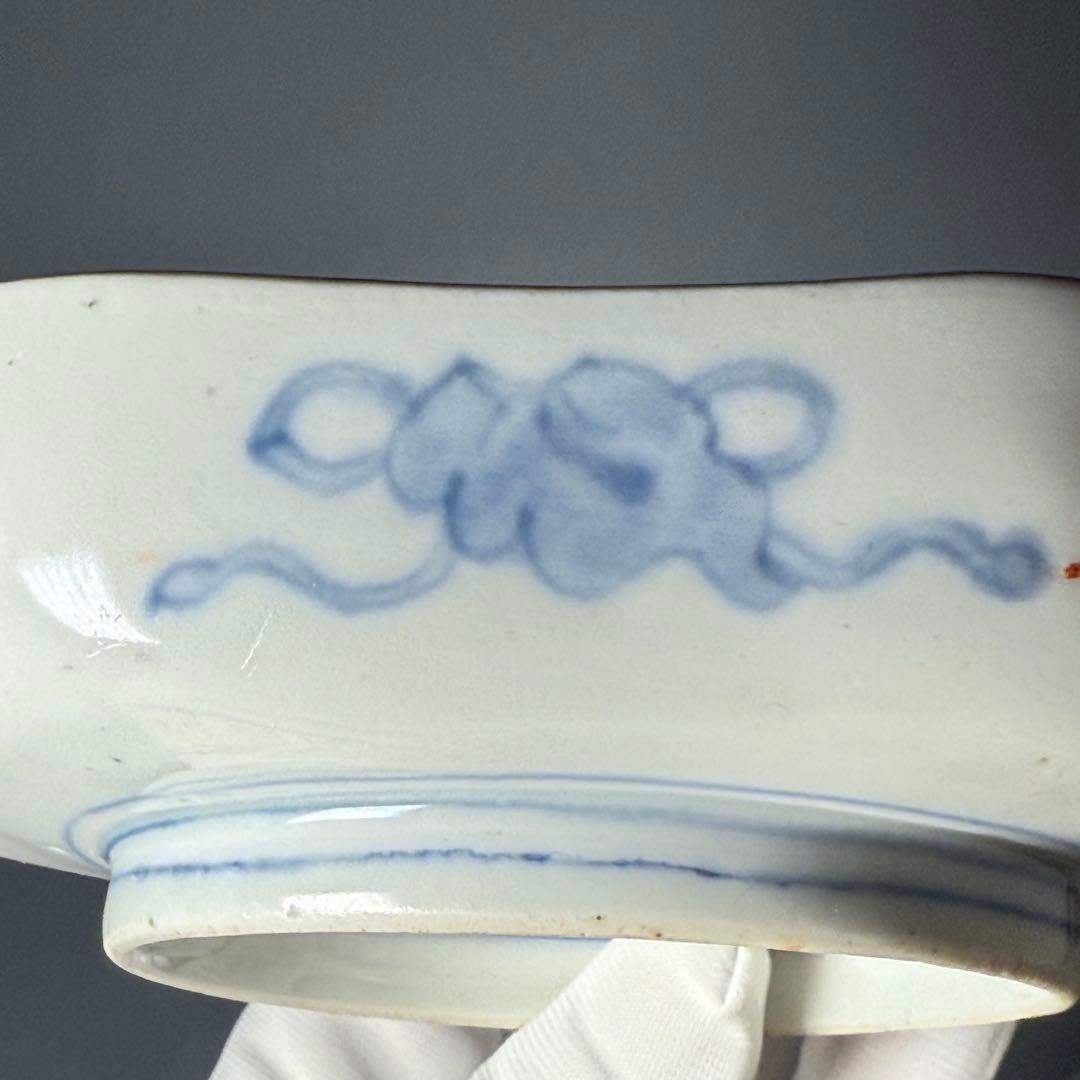 古伊万里　色絵幾何学文木瓜形皿　五客　裏文様有　巻物　宝珠　幕末〜明治期