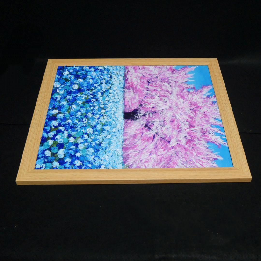 油絵 油彩 油彩画 絵 絵画【桜とネモフィラ】