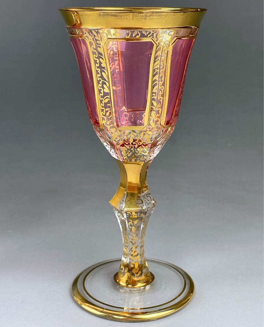 ボヘミア パネルグラス ２個セット クランベリー被せ ワイングラス クサック