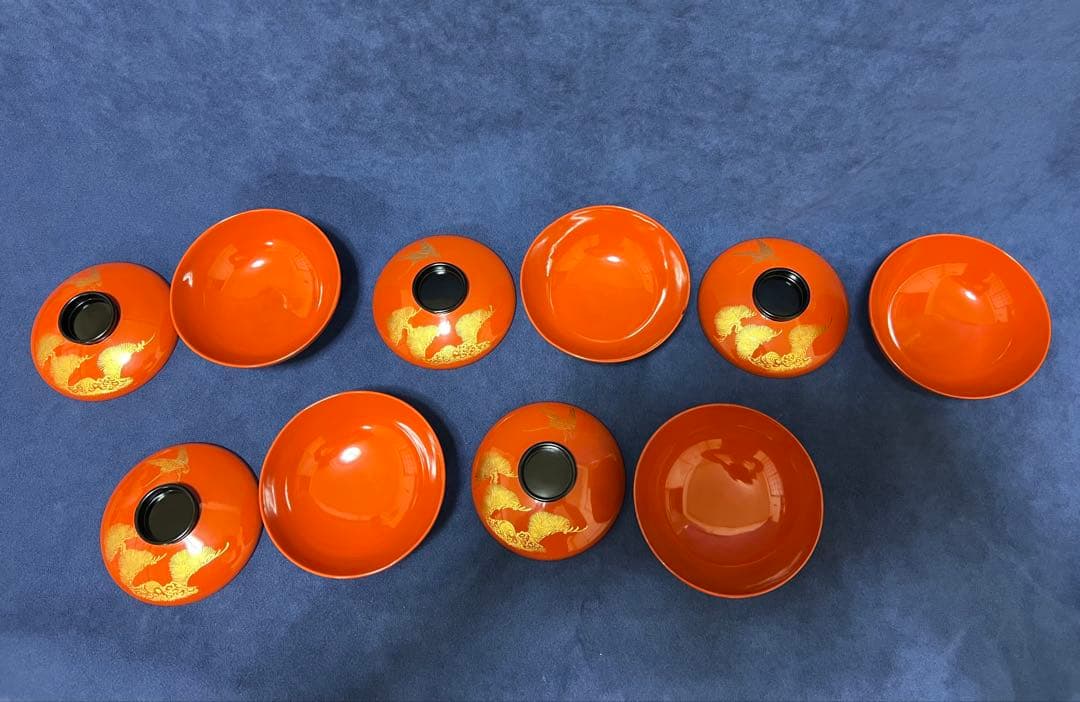 漆器　輪島塗　木製　蒔絵　蓋付椀　汁椀　5客　時代物　在銘稲森　木箱あり