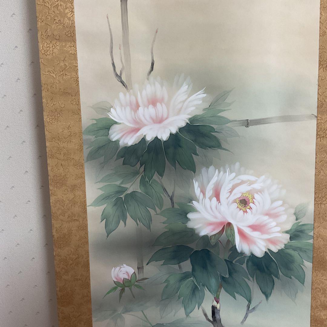 大幹筆 絹本花鳥画 《 ボタン之図 》 彩色画 収納箱在