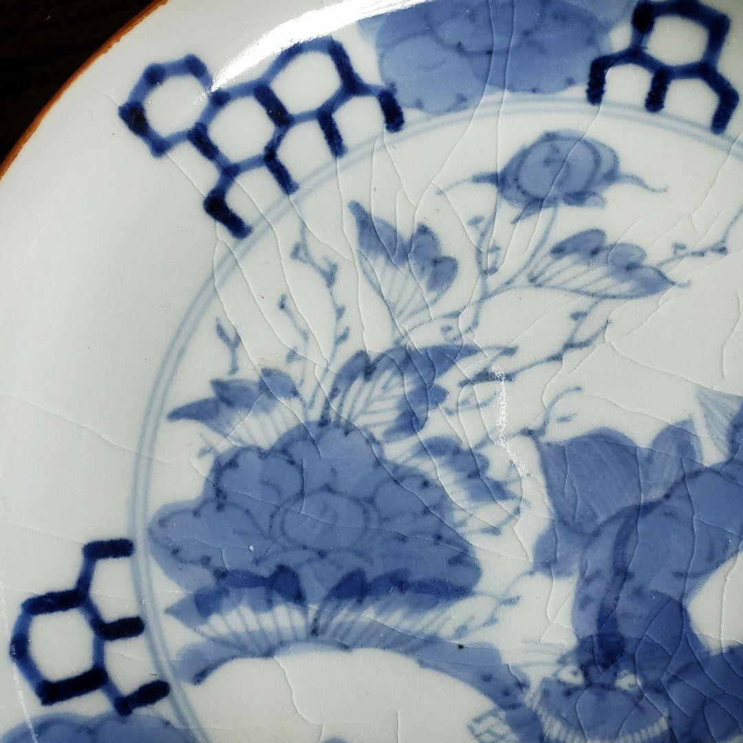 皿　染付　獅子　古伊万里　亀甲　牡丹　薊文様　江戸　訳あり　欠け直し