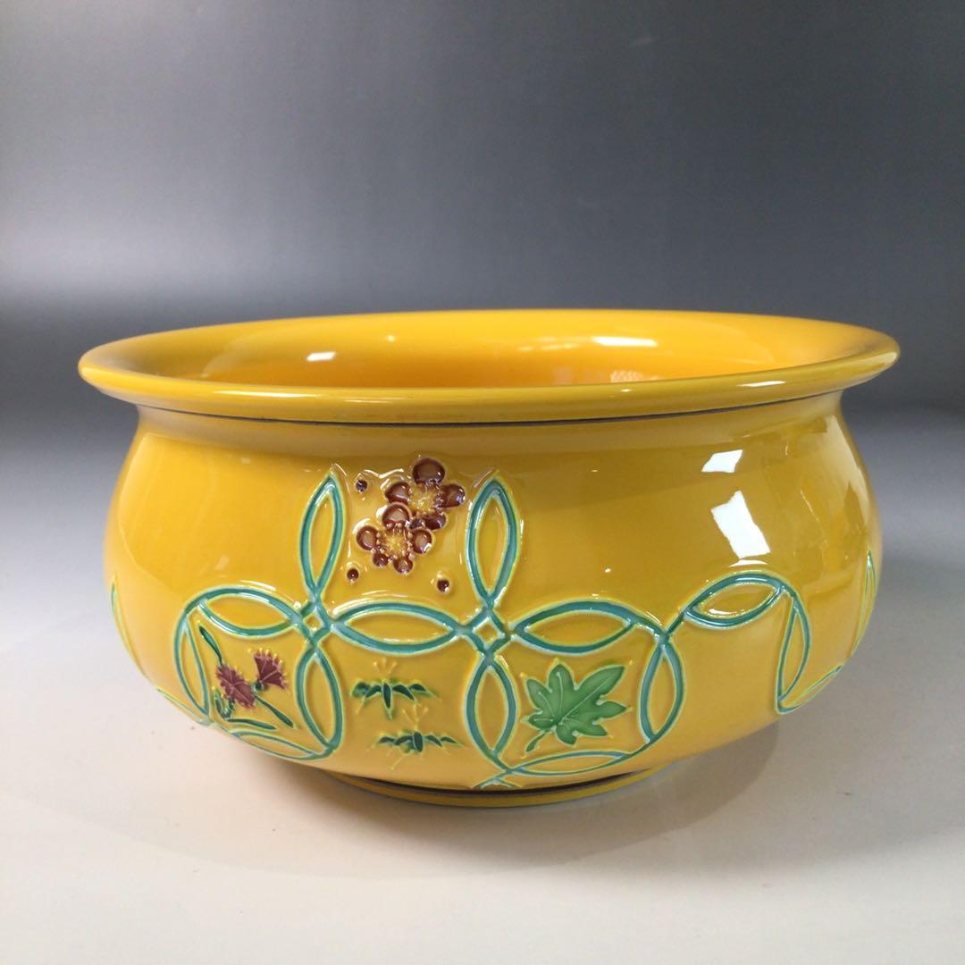 Ｒ９７１　皆具　『翠嵐窯』『黄交趾』『七宝草花文』　共箱　茶道具