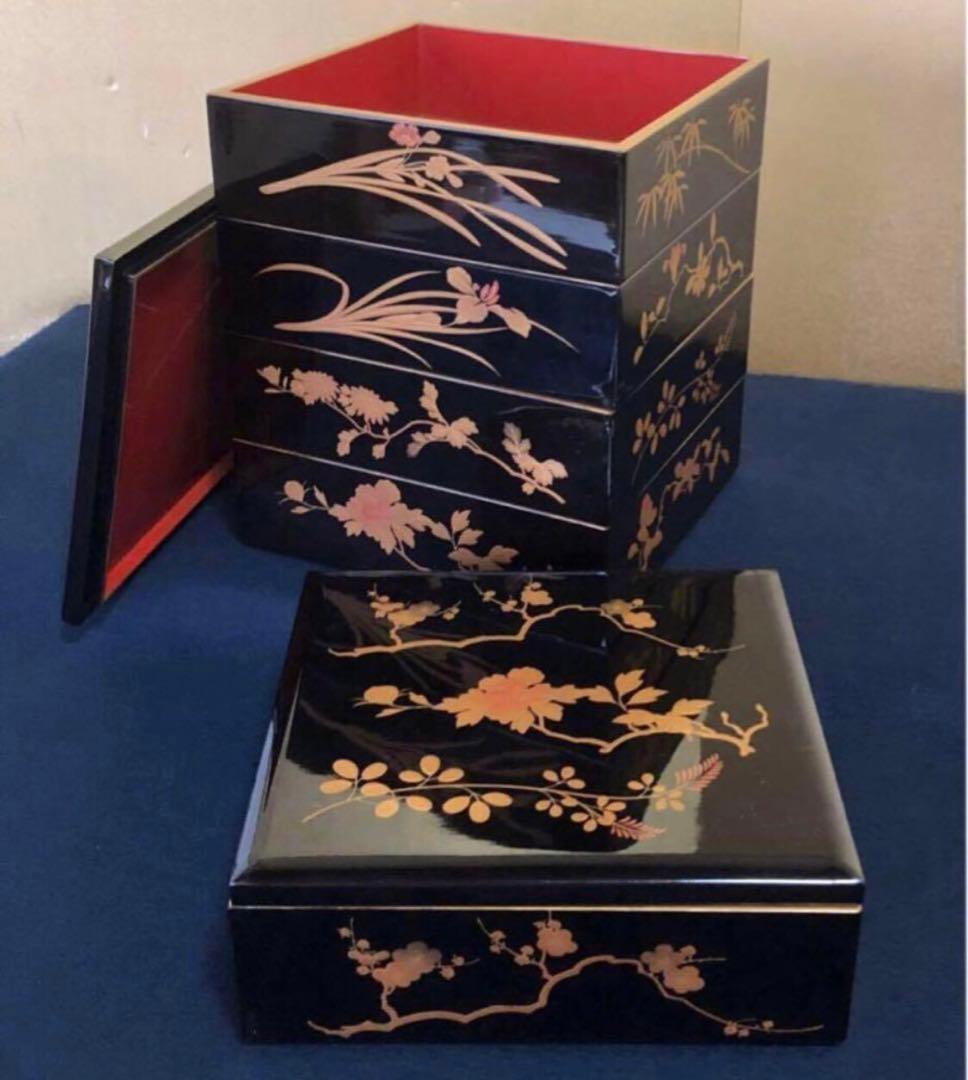 《レ》黒内朱 蒔絵付 五段重 替蓋付 木製漆器 木箱　251016い3