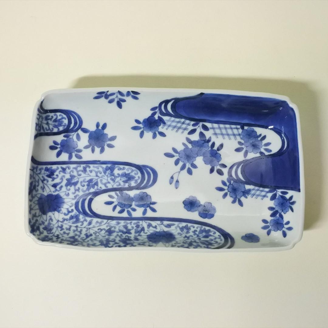 江戸中期　古伊万里　染付　流水紋　長皿　骨董品　アンティーク