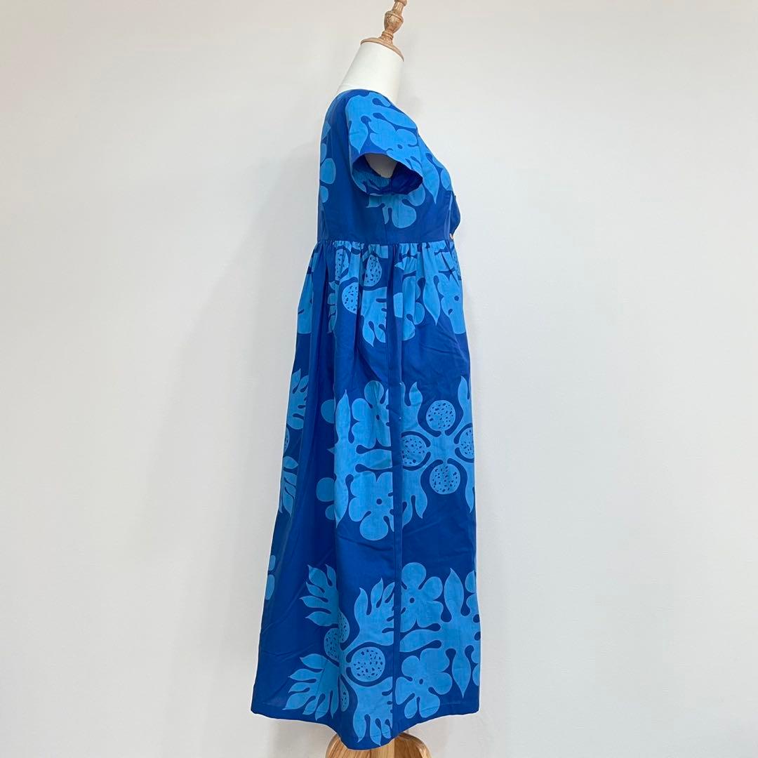 美品ハワイ製生地Mahaloロングワンピース南国モンステラパイナップル青リゾート