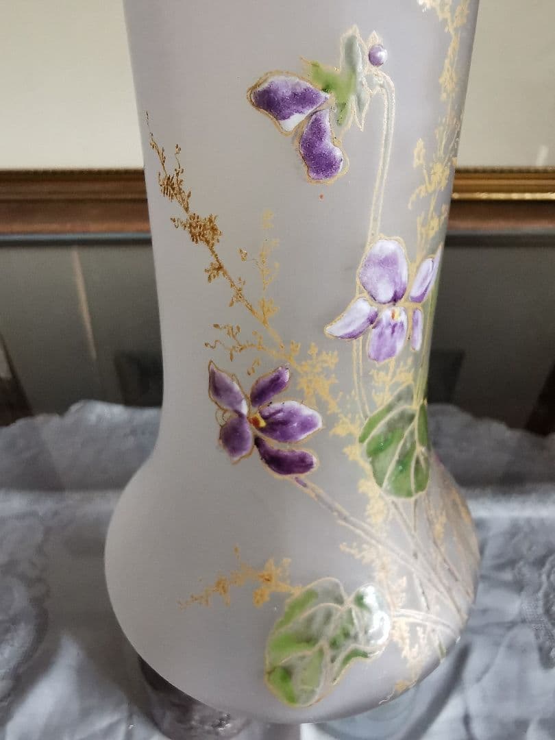 アンティークフランス ルグラ 手描き盛上げエナメル金彩 菫紋 ヴィオラガラス花瓶