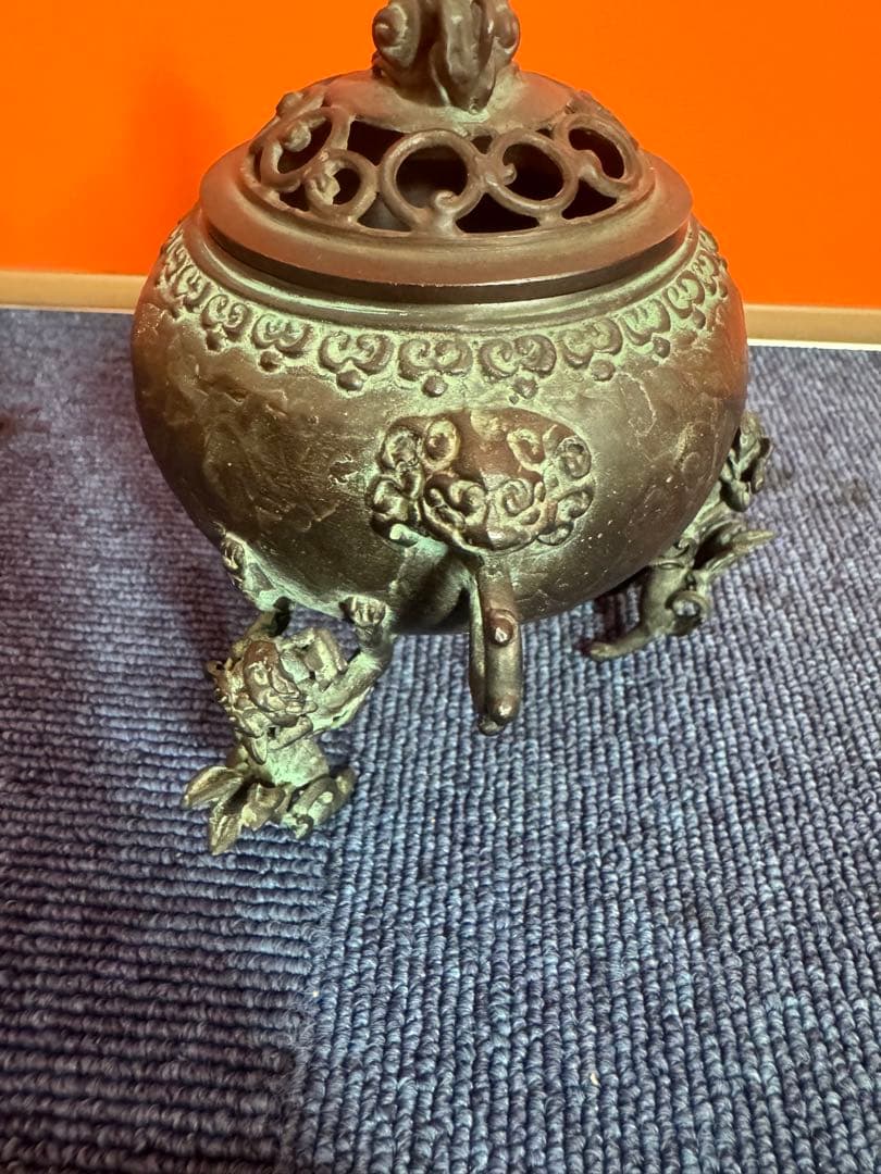 1817 高岡銅器　須賀七郎作　月芳　蝋型鋳銅　三獅子　香炉　時代物