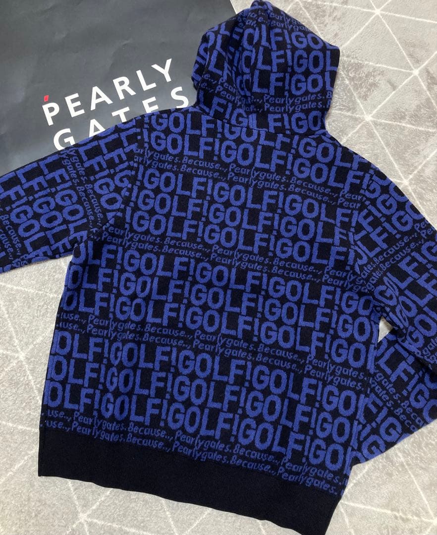 新品 パーリーゲイツ GOLF柄ジャガード ニット フーディ(5)サイズL/紺