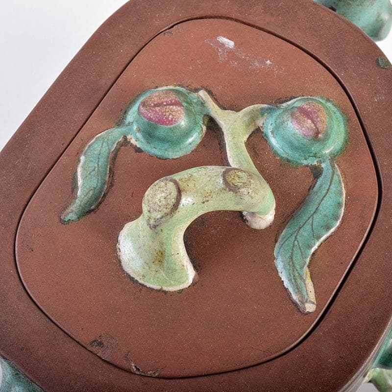 中国　宣興紫砂銘　紫砂　朱泥　色絵桃文　急須　茶壷　D　R7722