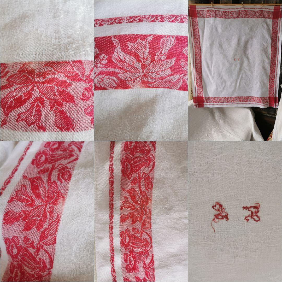 アンティーク ダマスクリネン 風鈴草 釣鐘草 百合の大判クロス フランス購入