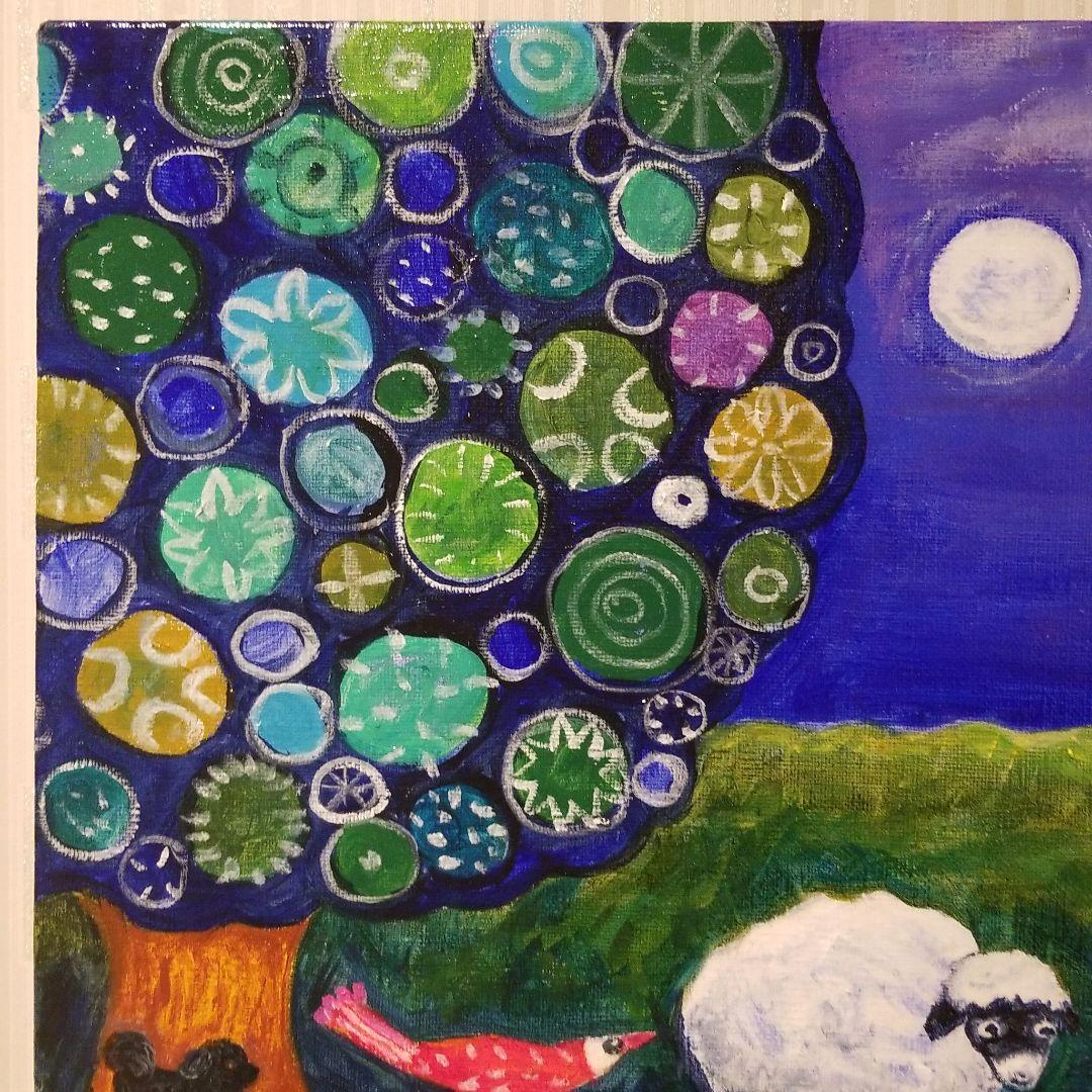 油絵　H　ひつじさんと友だちの楽しい帰り道　わんこも一緒♪　横長キャンバス