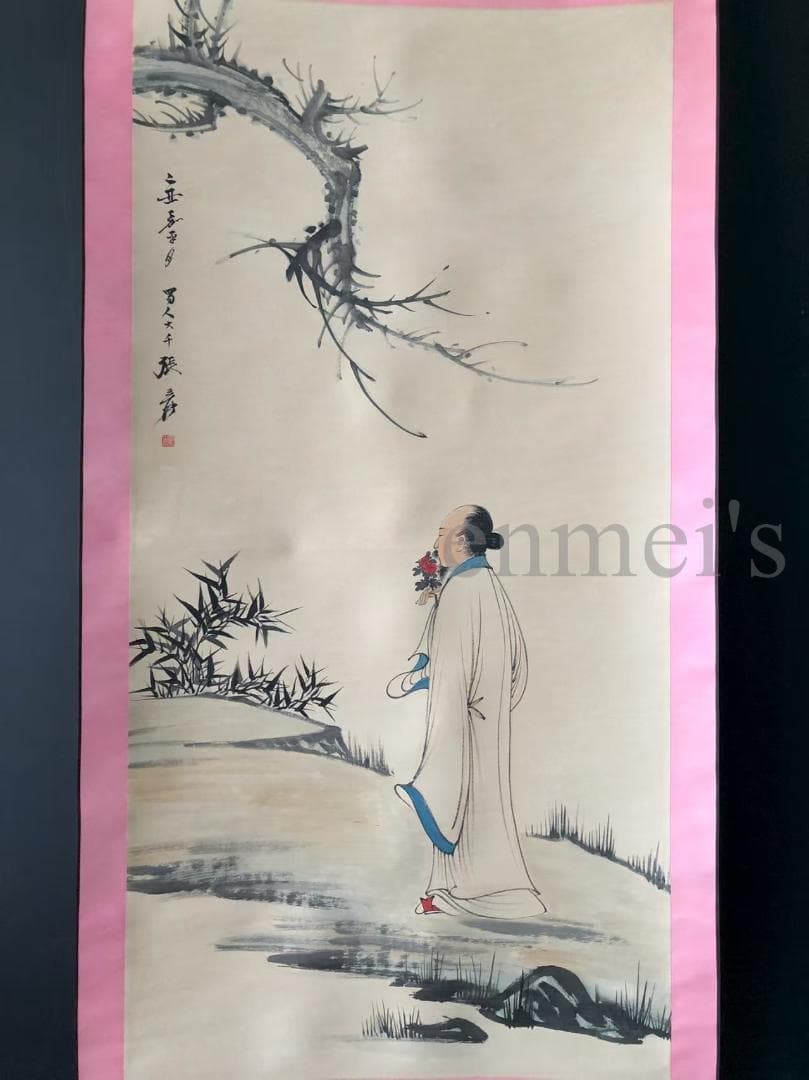 中国古美術・純手描き四尺人物掛軸・水墨画・張大千印款・茶道・肉筆・書画・文房置物