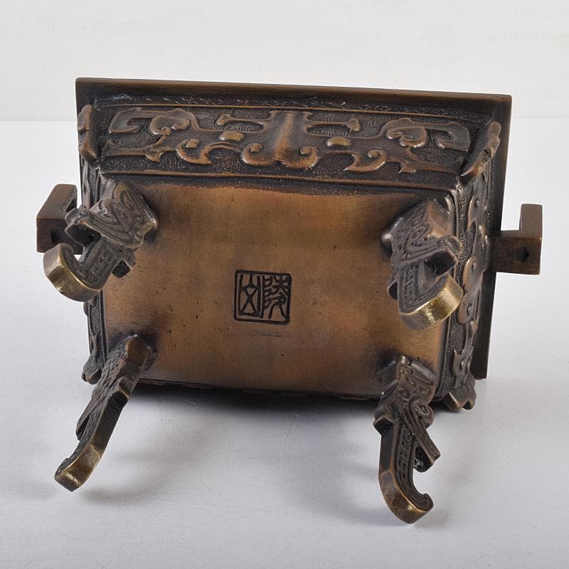 高岡銅器　米田陵山作　鋳銅　獅子摘　四方香炉　鼎　M　R7650