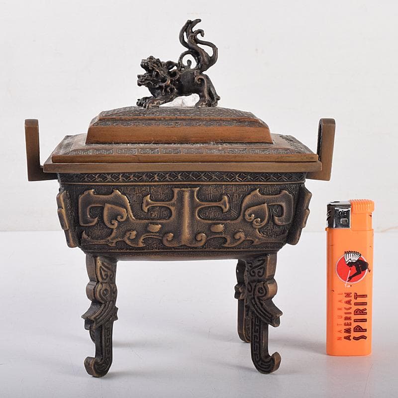 高岡銅器　米田陵山作　鋳銅　獅子摘　四方香炉　鼎　M　R7650