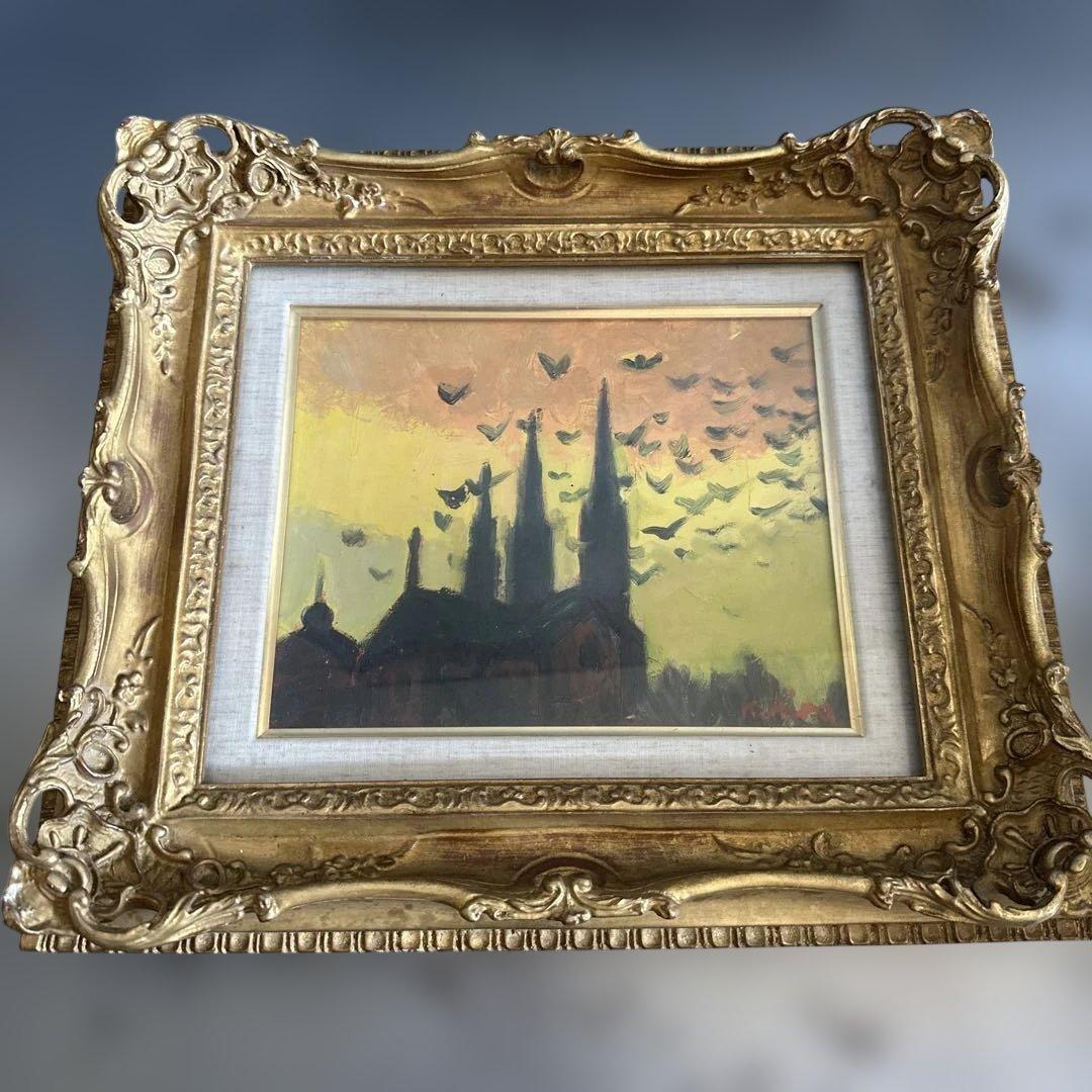 素晴らしい額の印象派風 油彩画 教会のシルエット