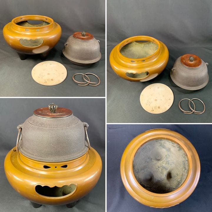 E64 送料無料　朝鮮釜　風炉釜　茶釜　唐銅　茶道具　茶室　釜鐶　底瓦